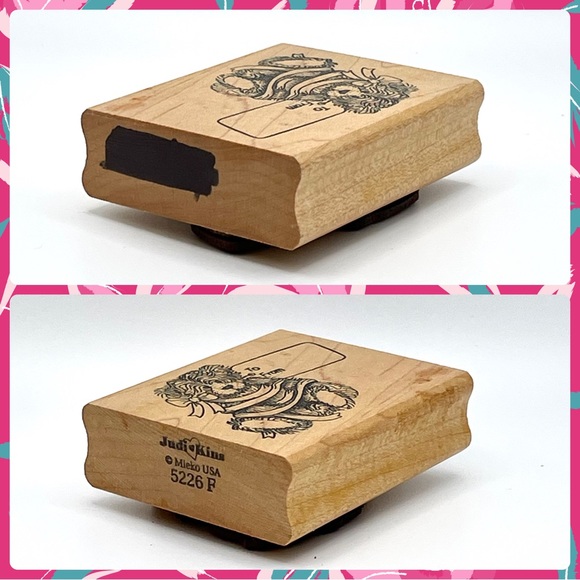 Vintage 1990s JUDIKINS Fuzzy Bear w Bow & Gift Tag Wood Mounted Rubber Stamp - Picture 4 of 6